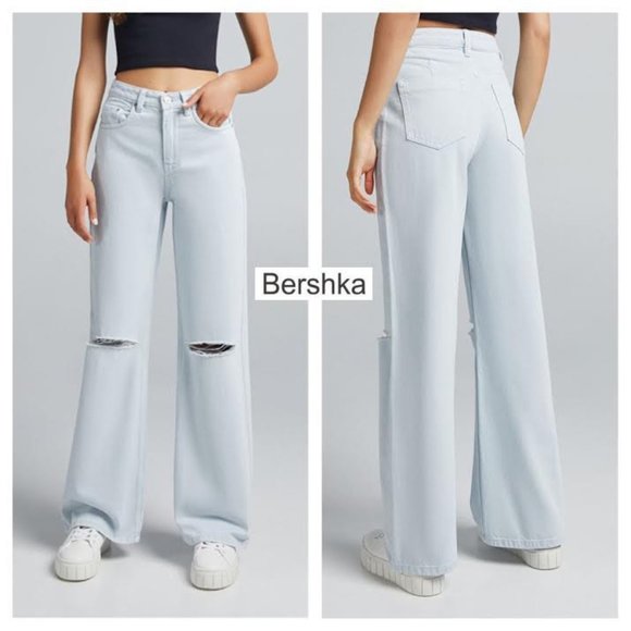 NWT BERSHKA Women Wide Leg Light Blue Jeans w Rips Waist 24" - Picture 1 of 12